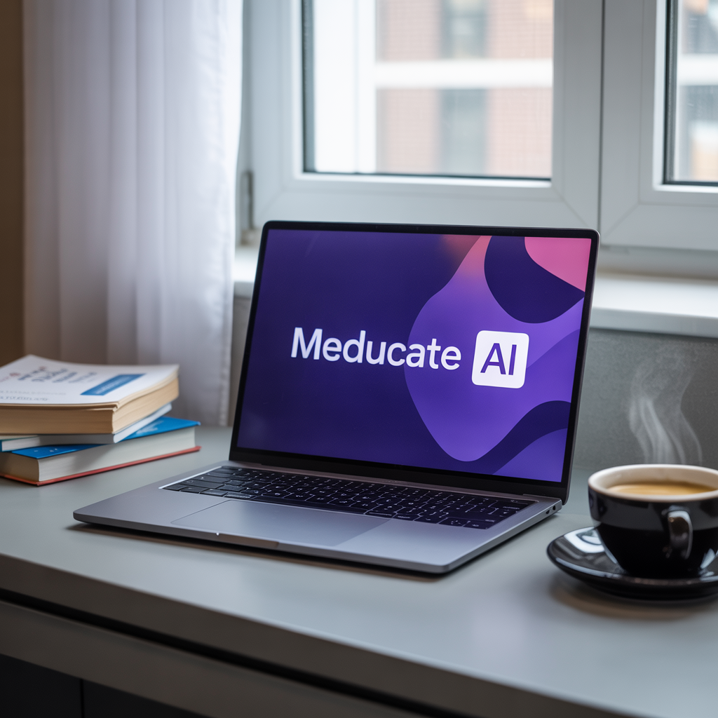 Meducate AI workspace with laptop displaying the platform